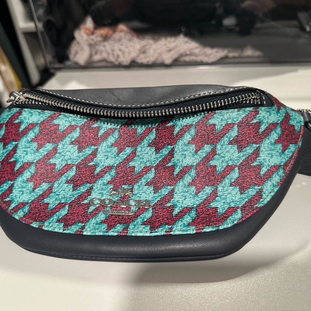 Coach Red and Green Crossbody Bag with Houndstooth Design